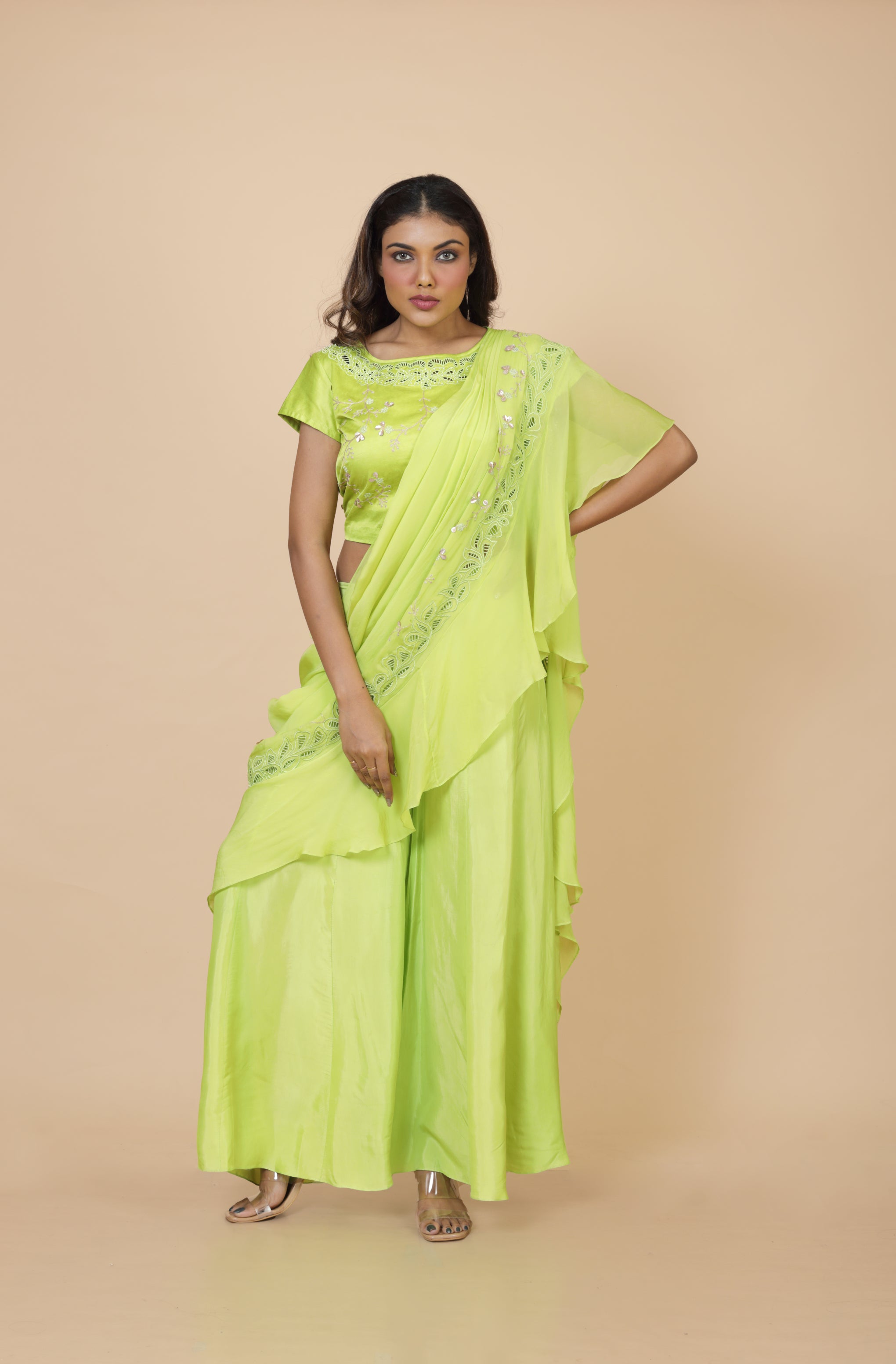 Embroidered Crop Top With Flared Pant And Attached Drape Palla