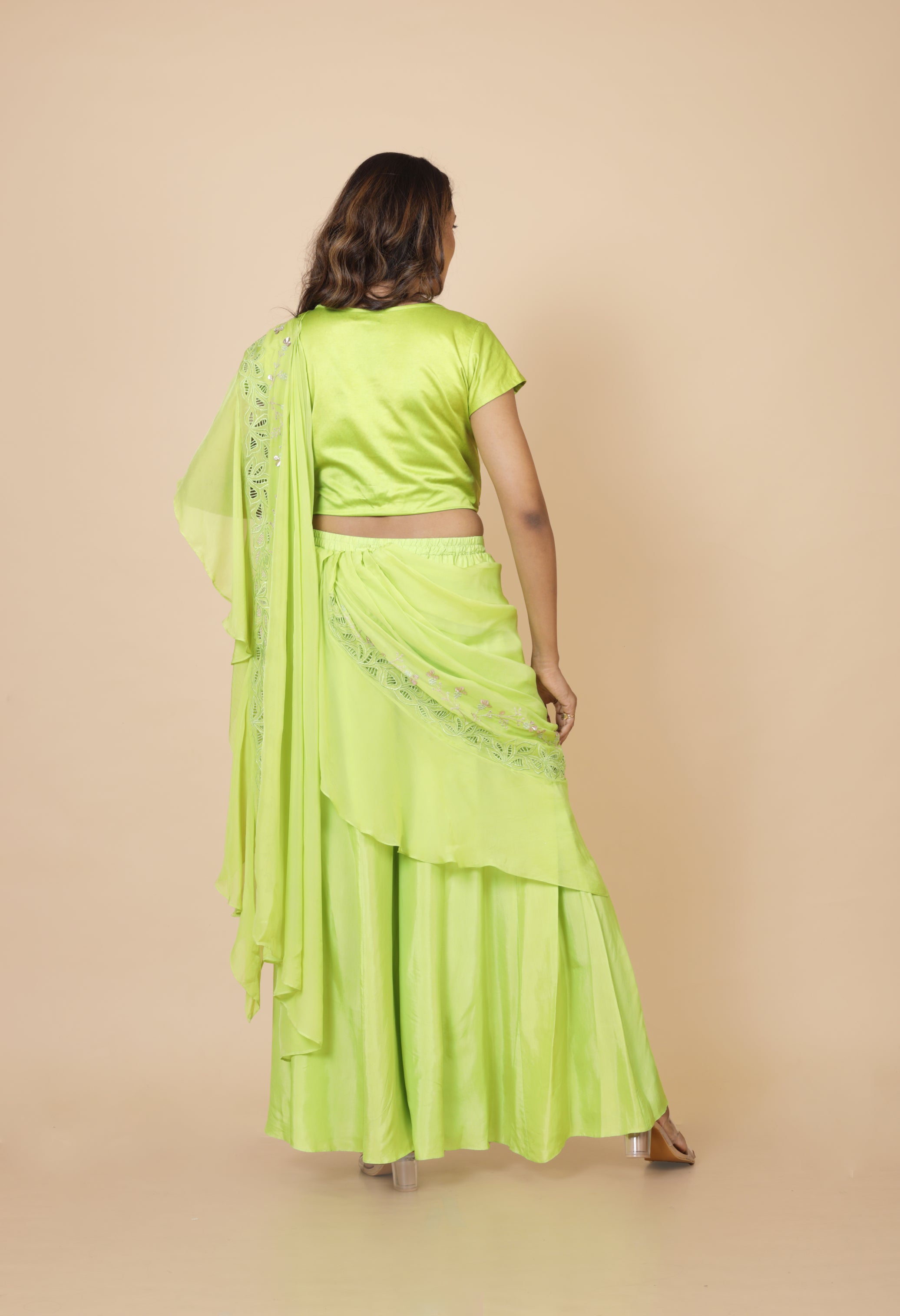 Embroidered Crop Top With Flared Pant And Attached Drape Palla