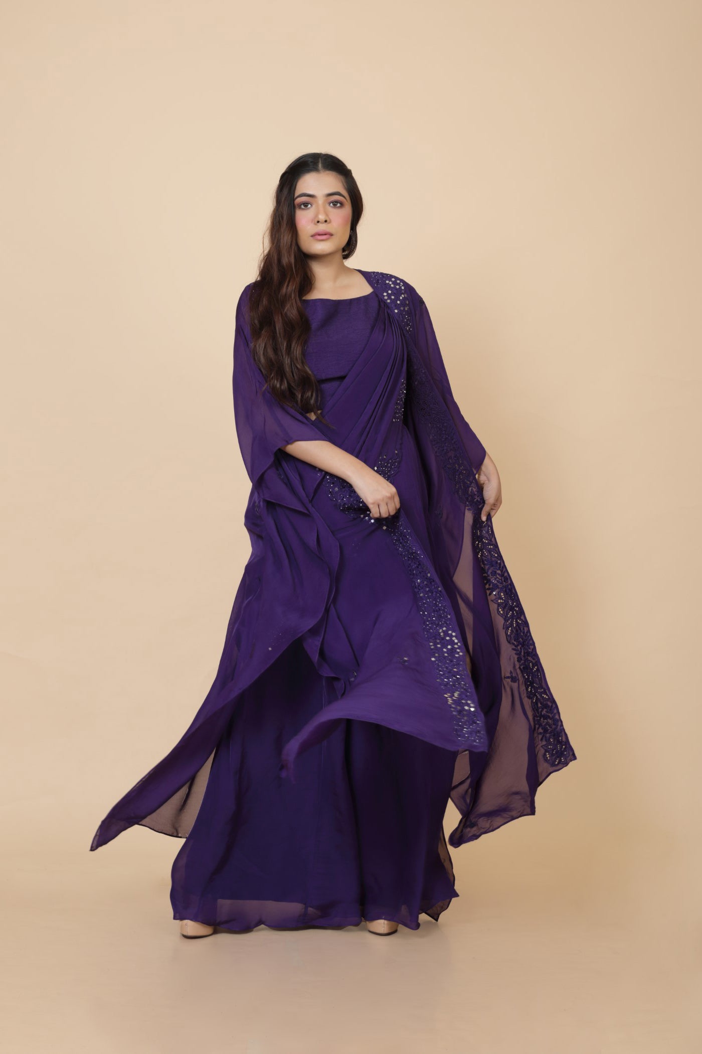 Embroidered Cape With Drape Palla And Crop Top And Pallazo