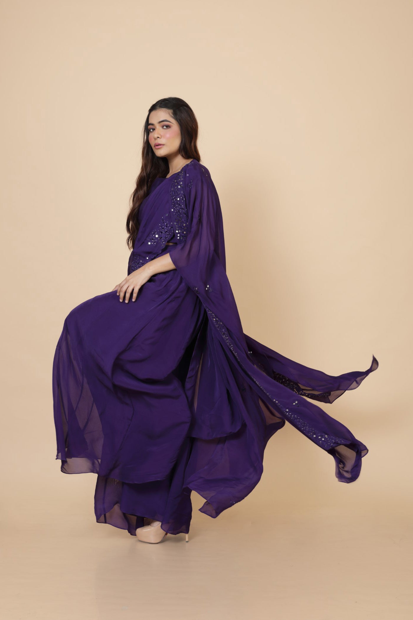 Embroidered Cape With Drape Palla And Crop Top And Pallazo