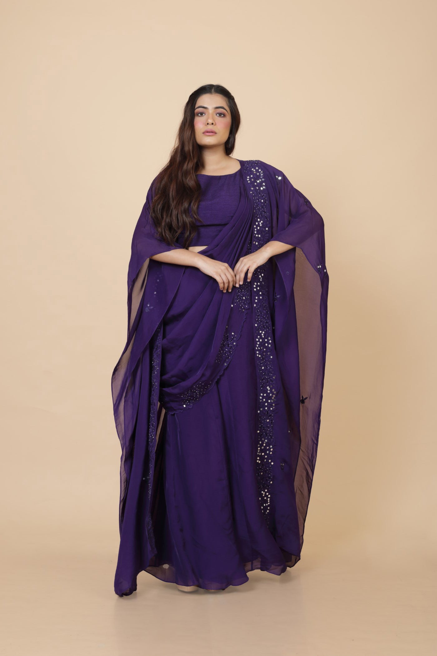 Embroidered Cape With Drape Palla And Crop Top And Pallazo