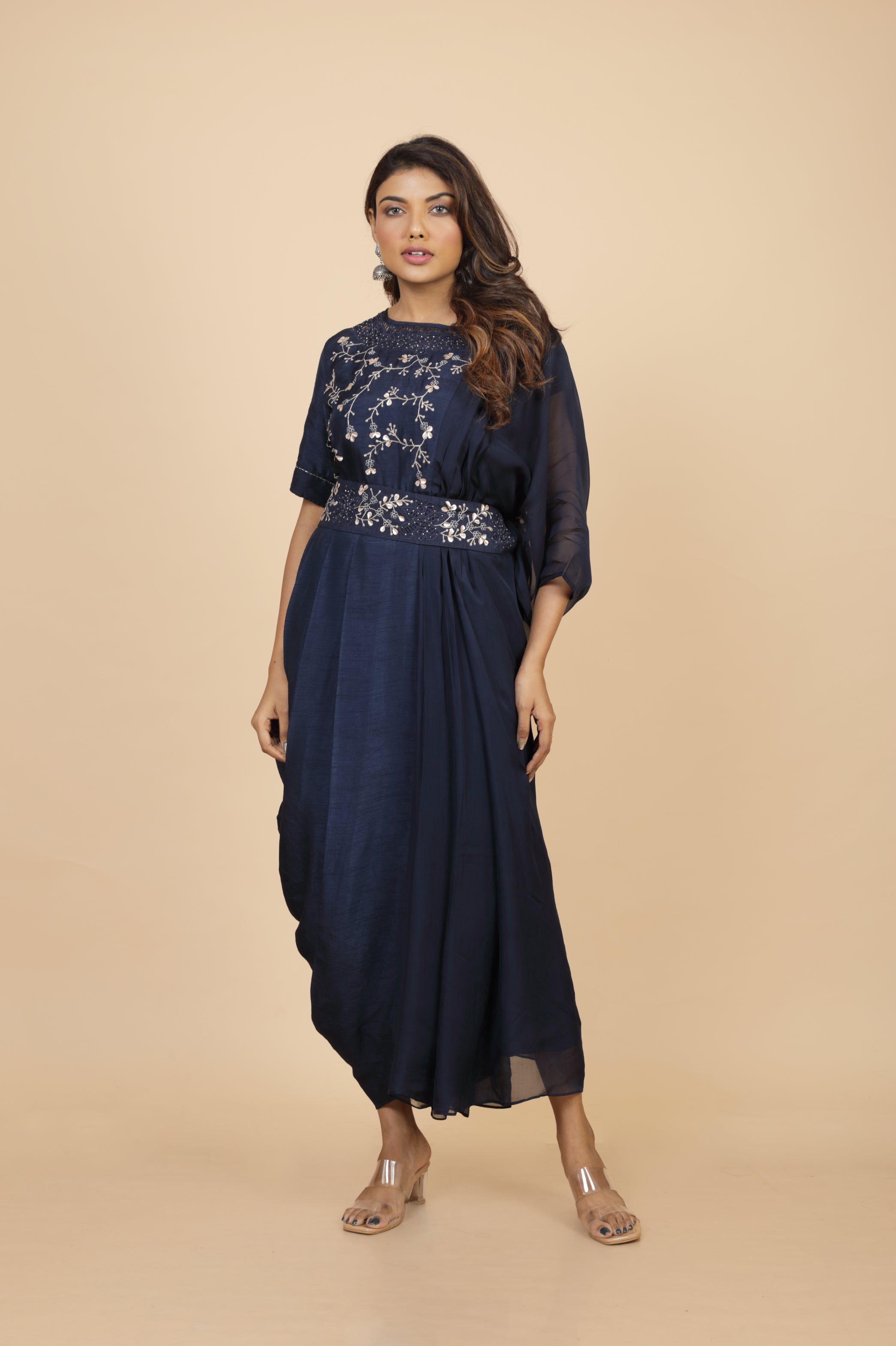 One Side Kaftan Drape Dress With Belt