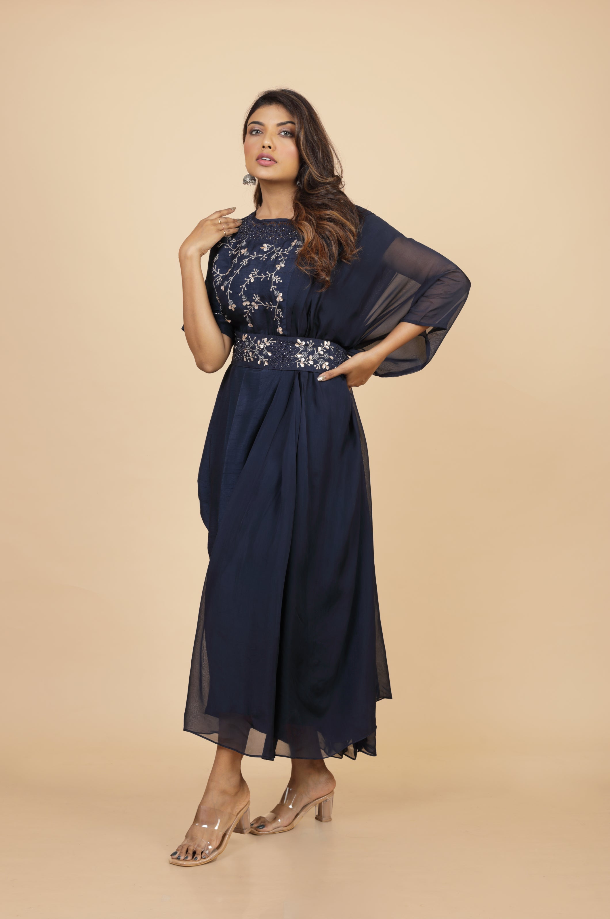 One Side Kaftan Drape Dress With Belt