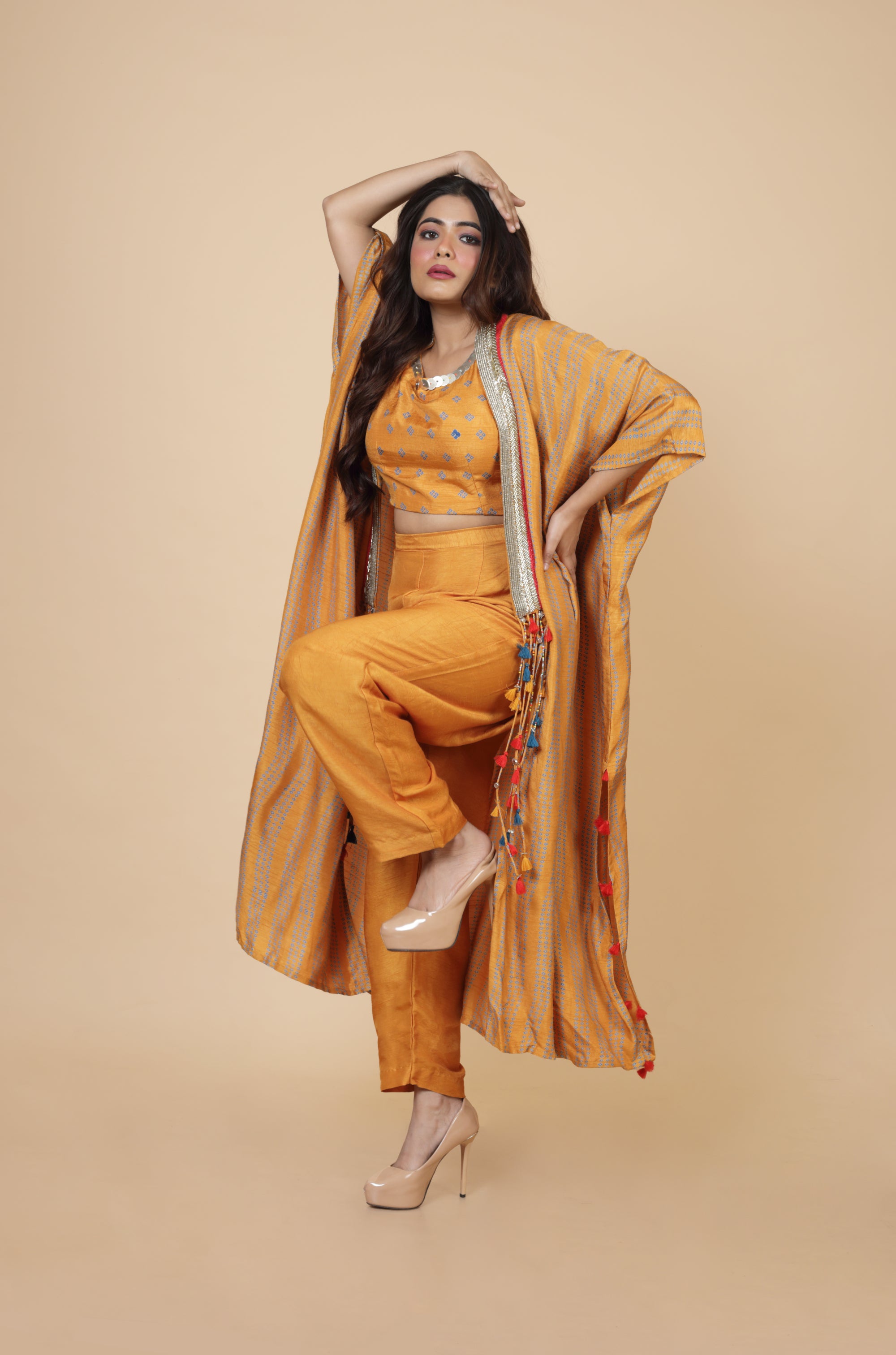 Embroidered Kaftan With Crop Top And Pant