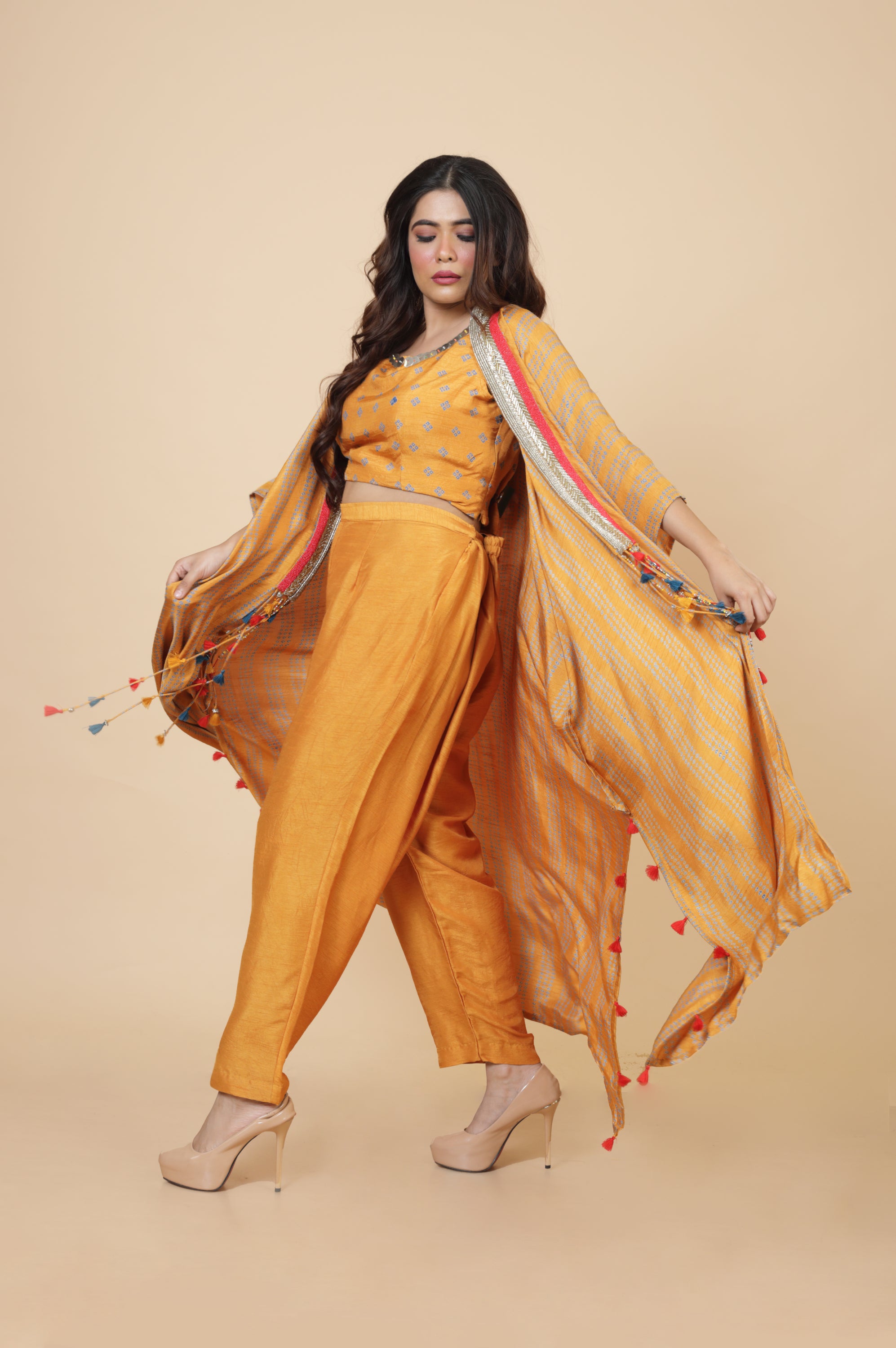 Embroidered Kaftan With Crop Top And Pant