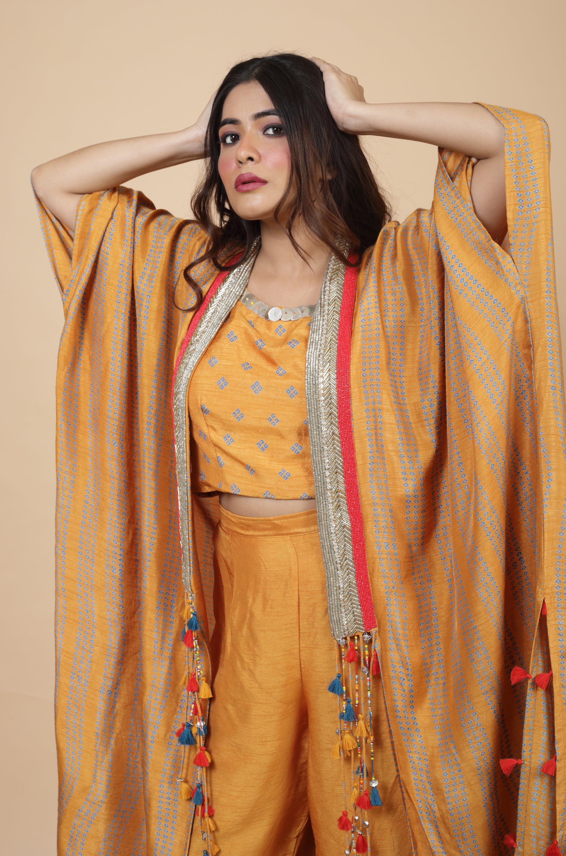 Embroidered Kaftan With Crop Top And Pant