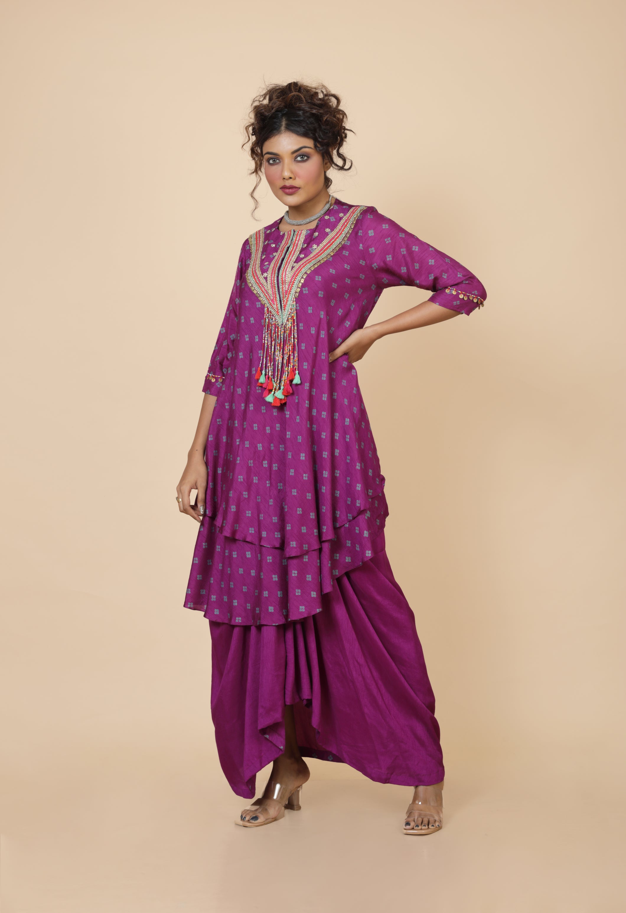 Embroidered Layer Kurta With Drape Skirt