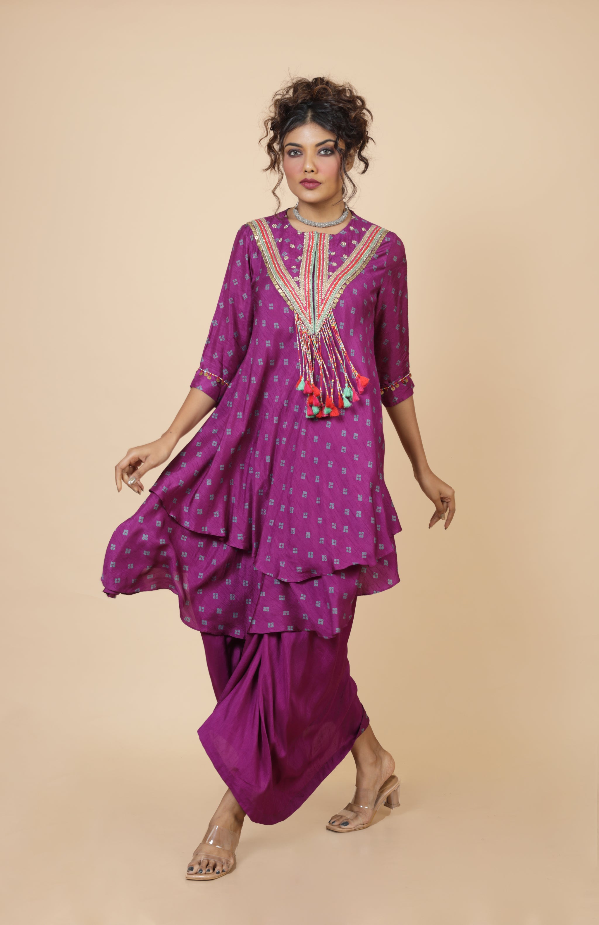 Embroidered Layer Kurta With Drape Skirt