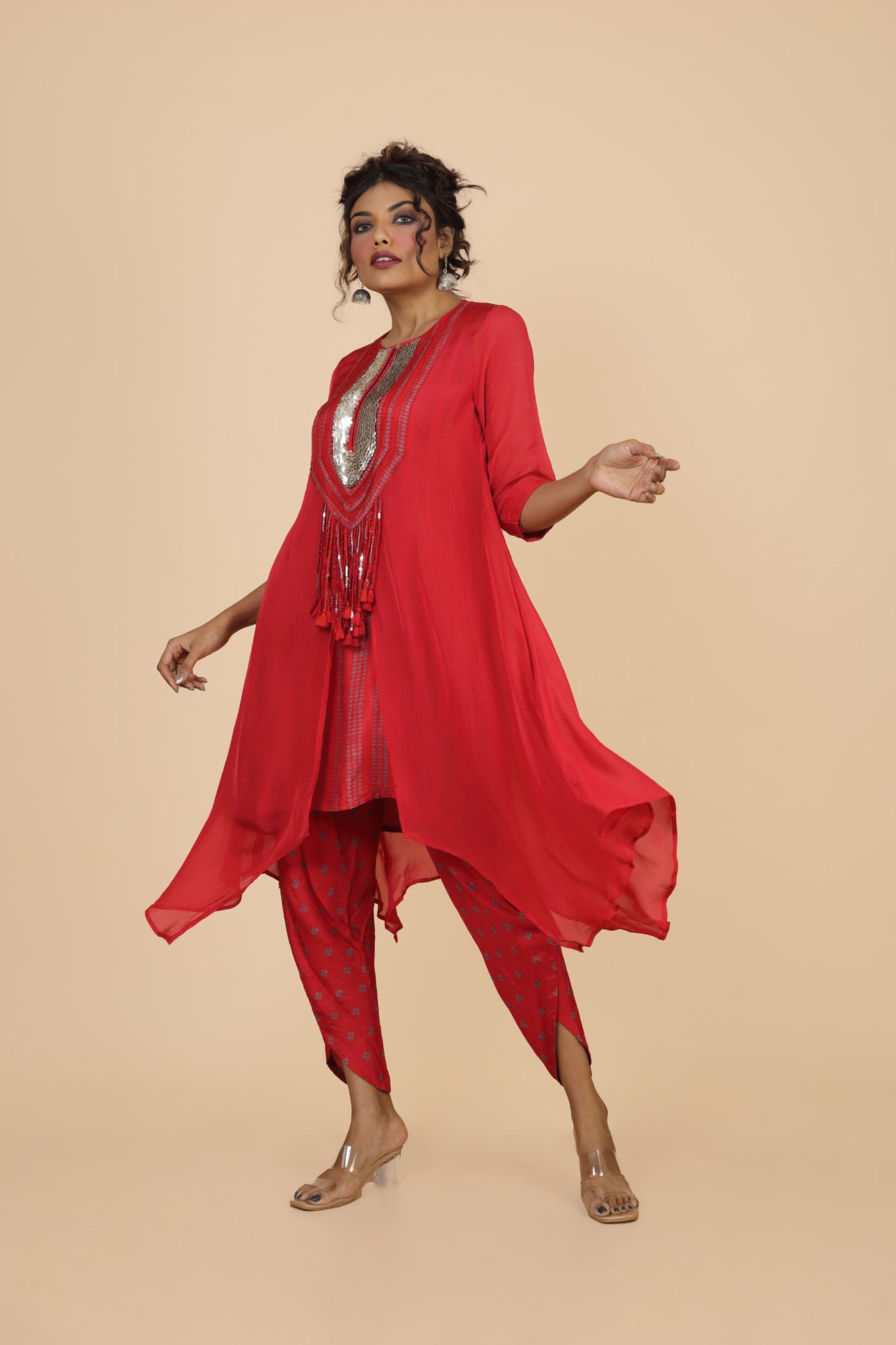 Embroidered Organza Kurta With Printed Inner And Printed Dhoti Pant