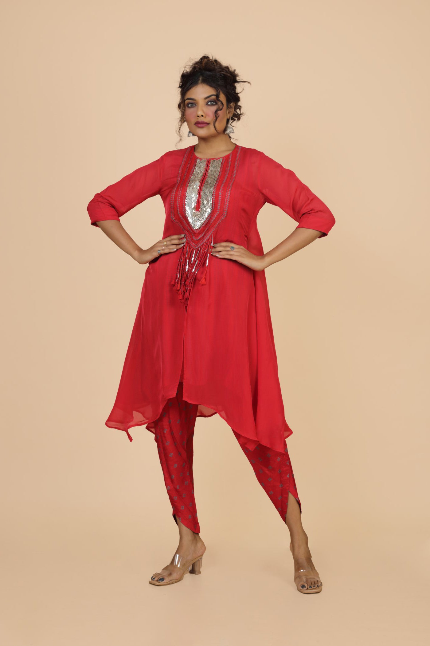 Embroidered Organza Kurta With Printed Inner And Printed Dhoti Pant