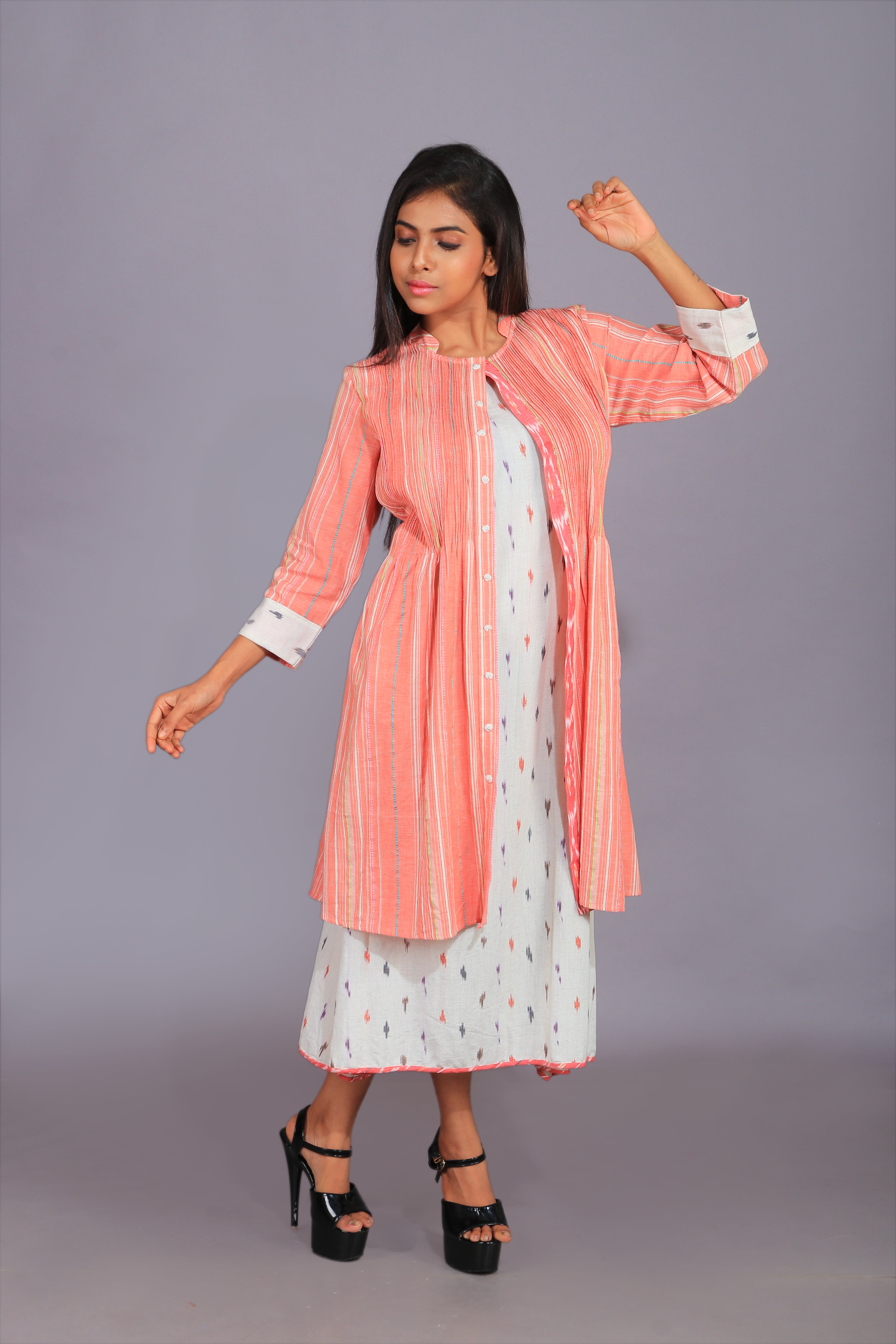 STRIPS JACKET WITH PRINTED DRESS