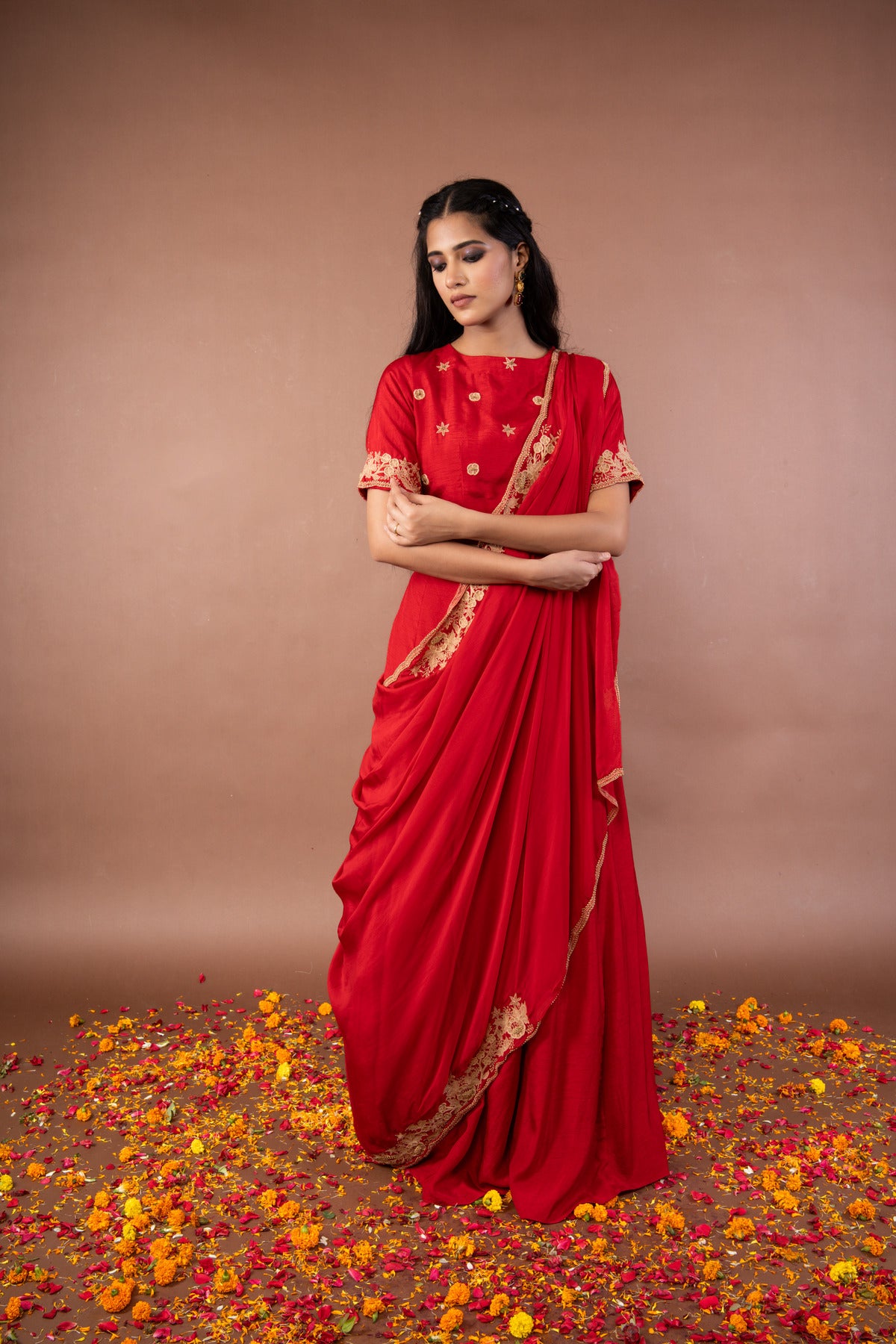 Sari Style dupatta drape with crop top and skirt