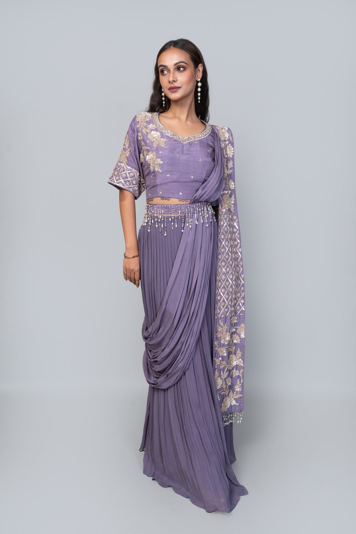 EMBROIDERED BLOUSE WITH SKIRT AND EMBROIDERED DRAPE