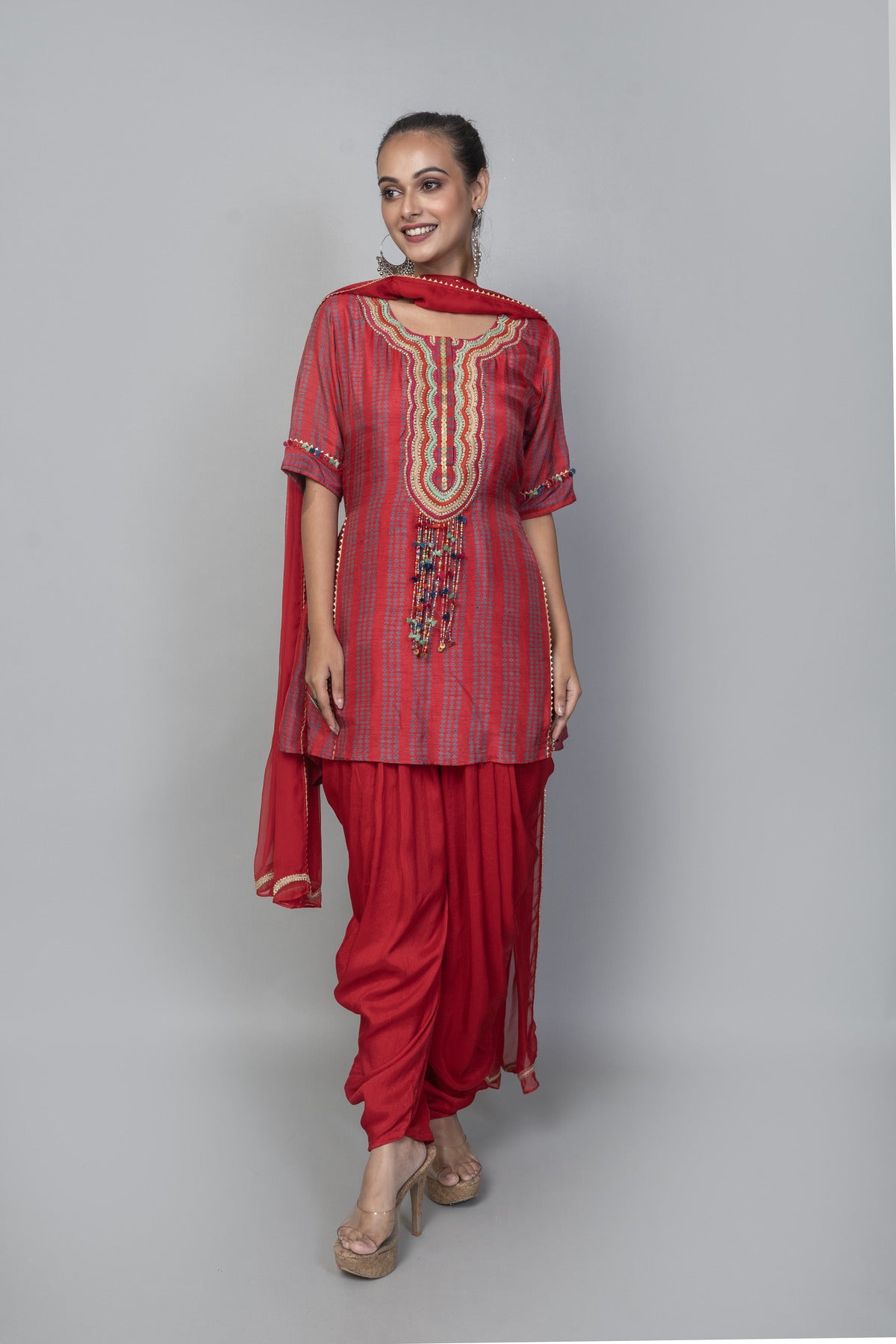 EMBROIDERED KURTA WITH DHOTI PANT AND EMBROIDERED DUPATTA