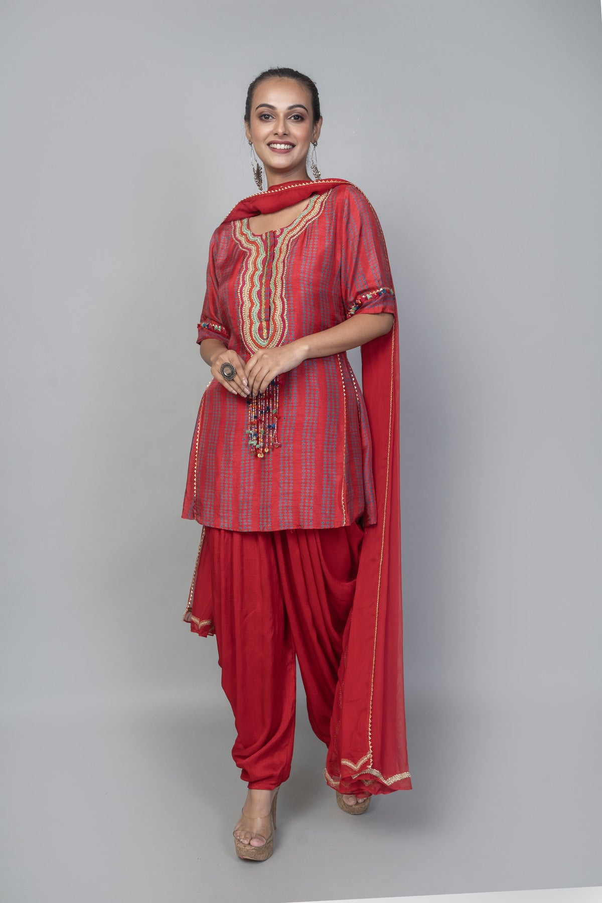 EMBROIDERED KURTA WITH DHOTI PANT AND EMBROIDERED DUPATTA