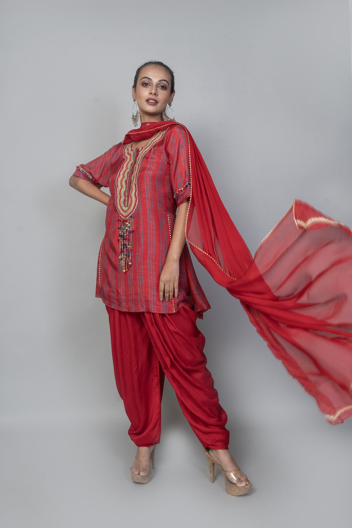 EMBROIDERED KURTA WITH DHOTI PANT AND EMBROIDERED DUPATTA