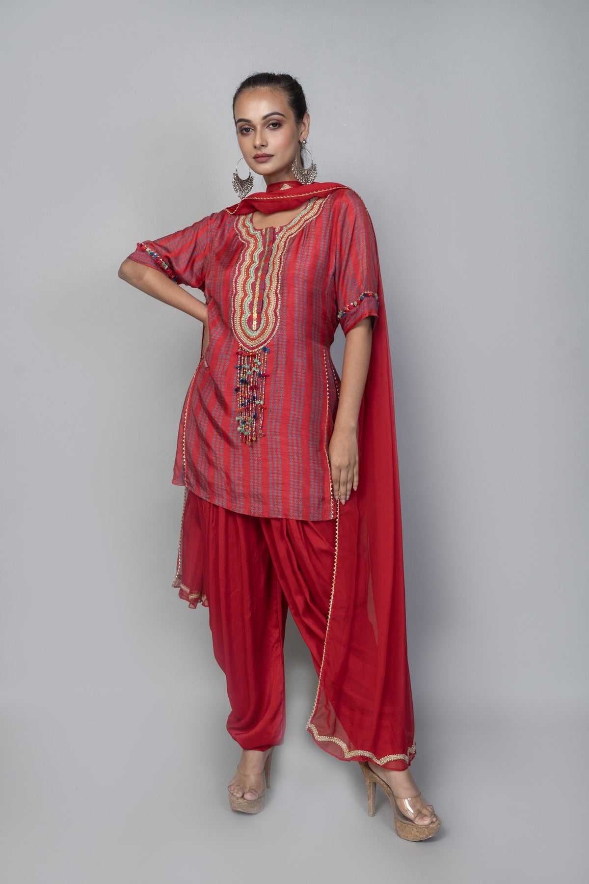 EMBROIDERED KURTA WITH DHOTI PANT AND EMBROIDERED DUPATTA