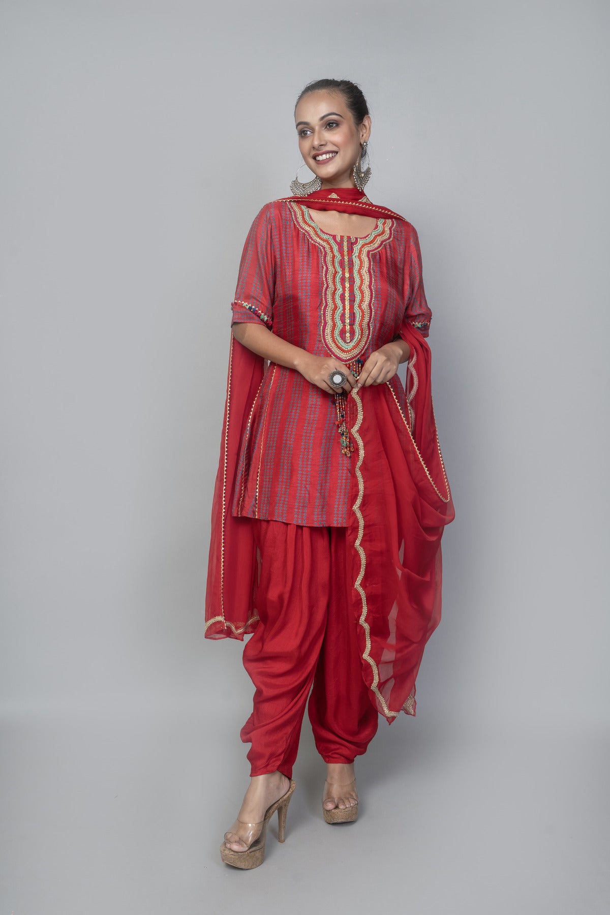 EMBROIDERED KURTA WITH DHOTI PANT AND EMBROIDERED DUPATTA