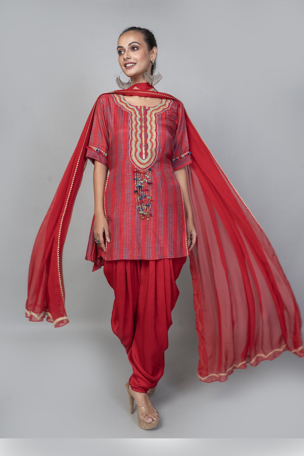 EMBROIDERED KURTA WITH DHOTI PANT AND EMBROIDERED DUPATTA