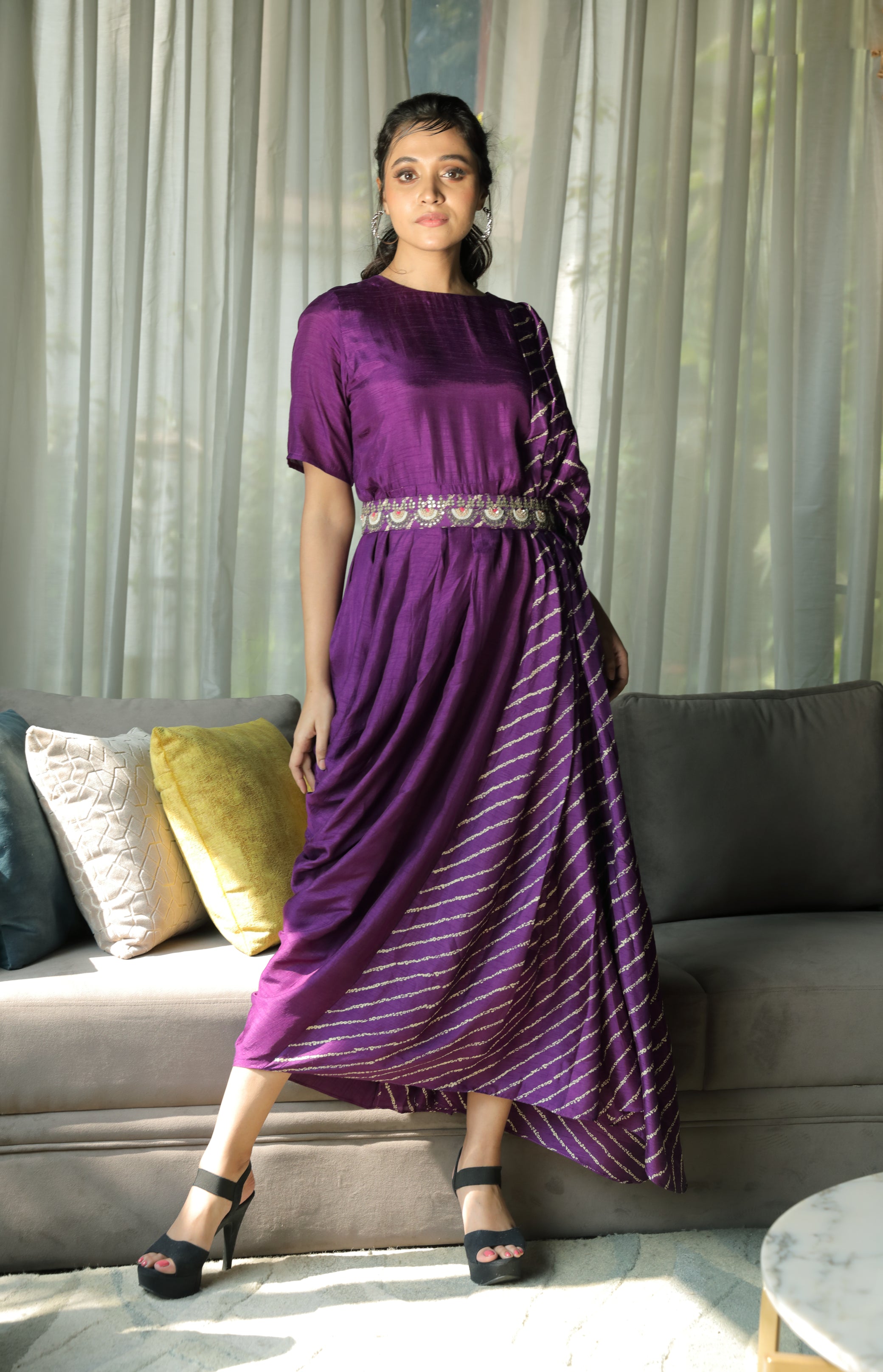 Drape Dress With Embroidered Belt