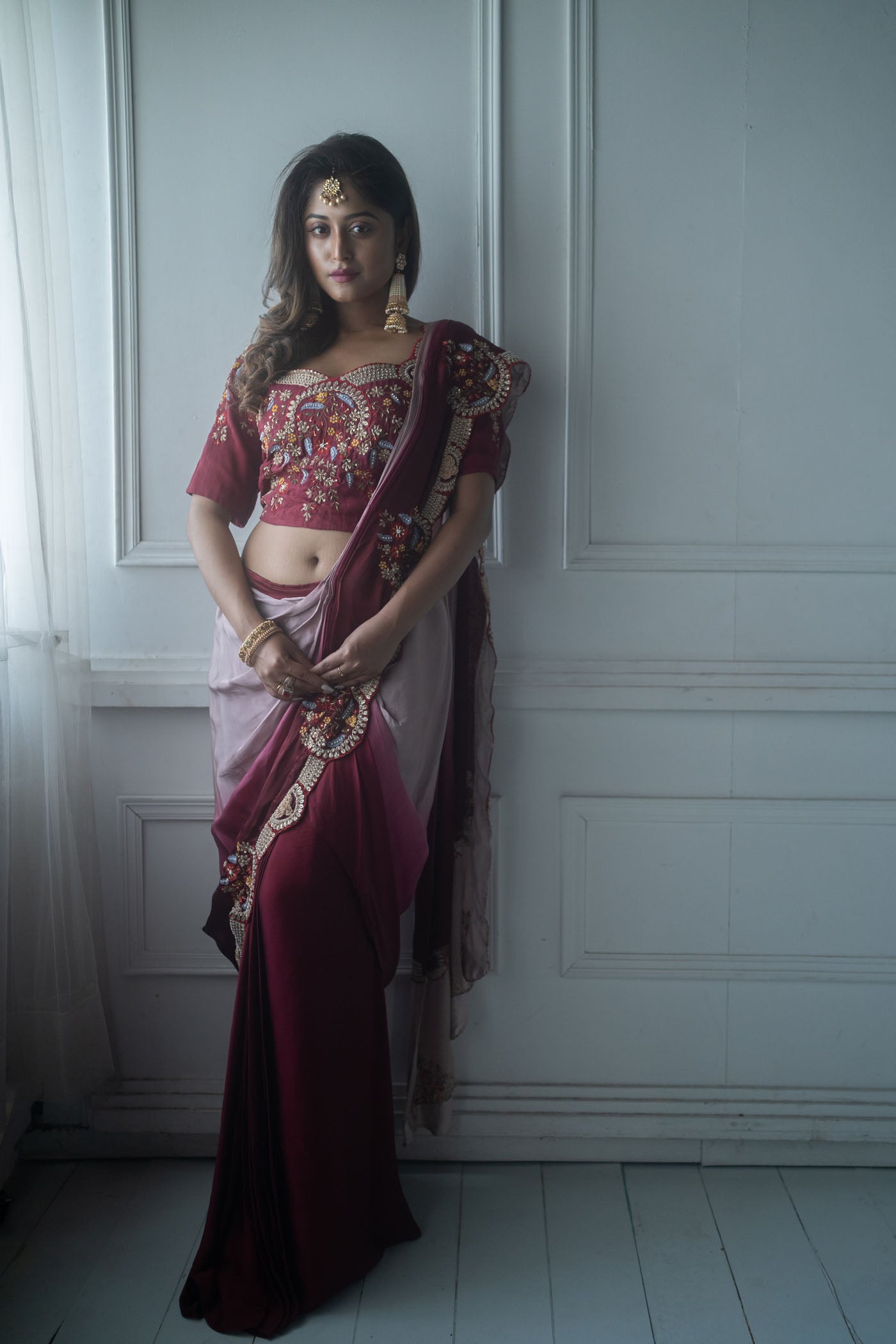 Embroidered Blouse With Skirt And Drape