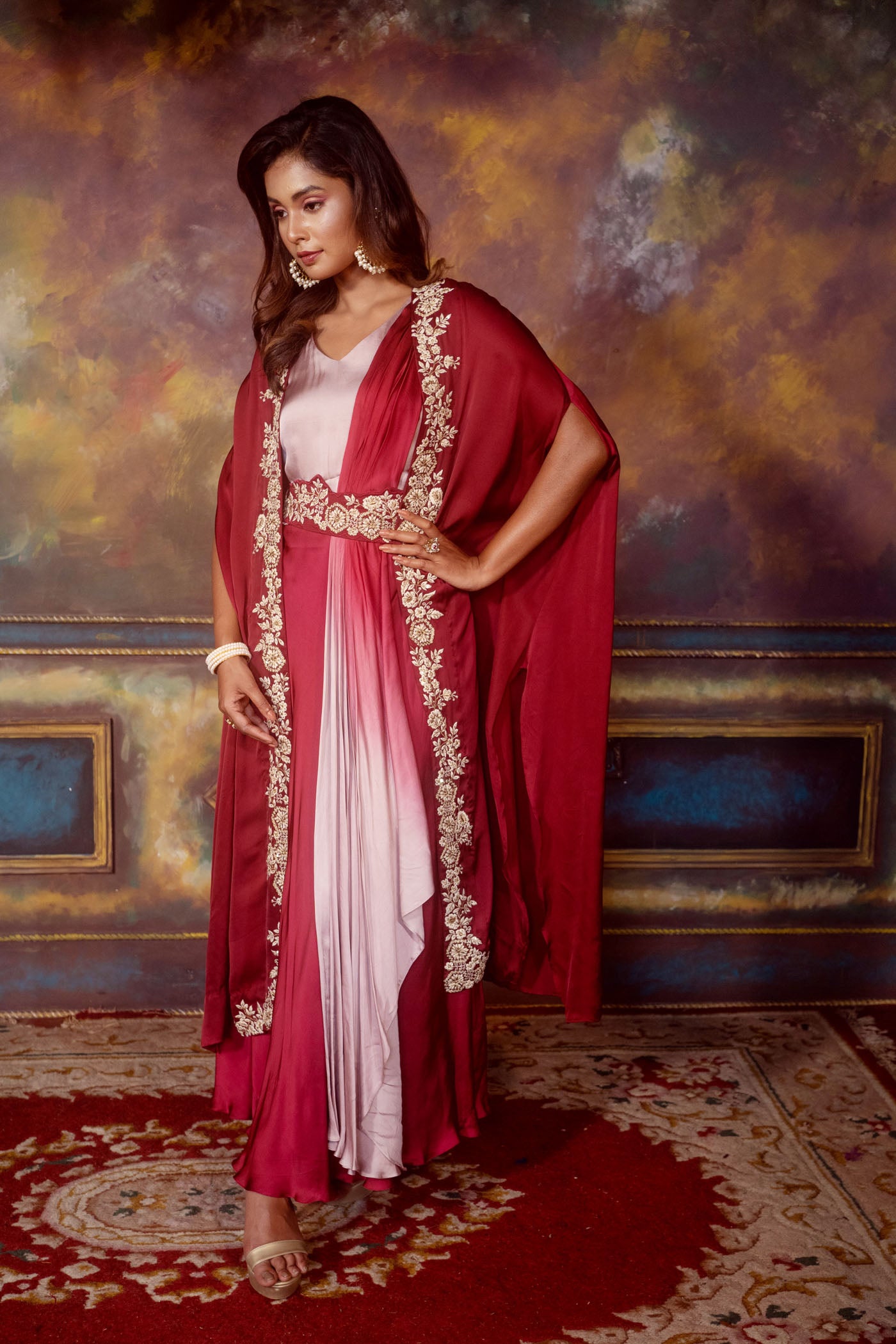 Drape Dress With Embroidered Belt And Cape