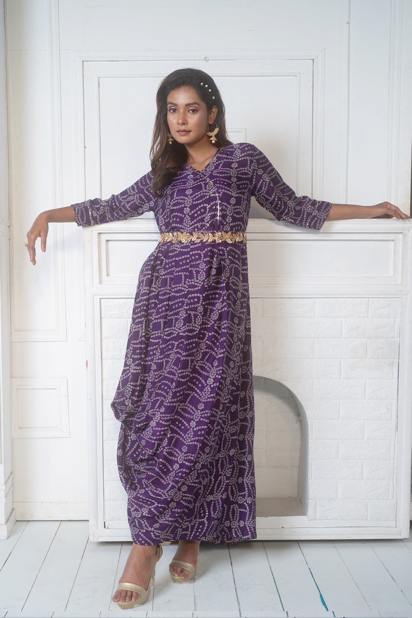 Cowl Dress With Embroidered Belt