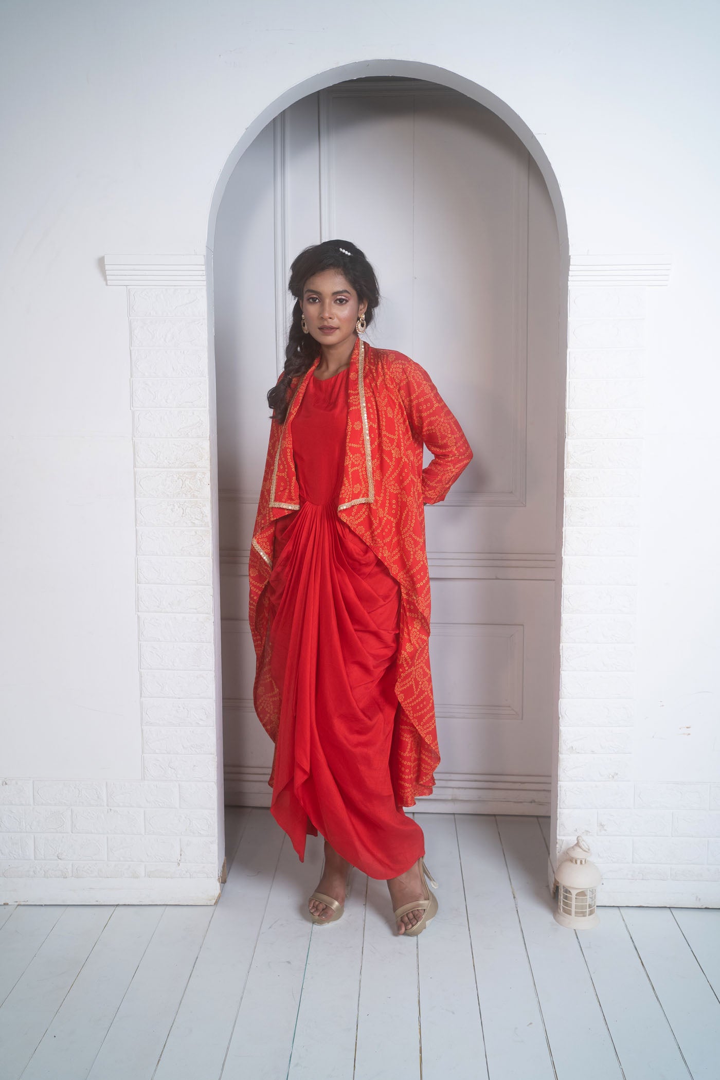 Drape Dress With Bandhej Jacket