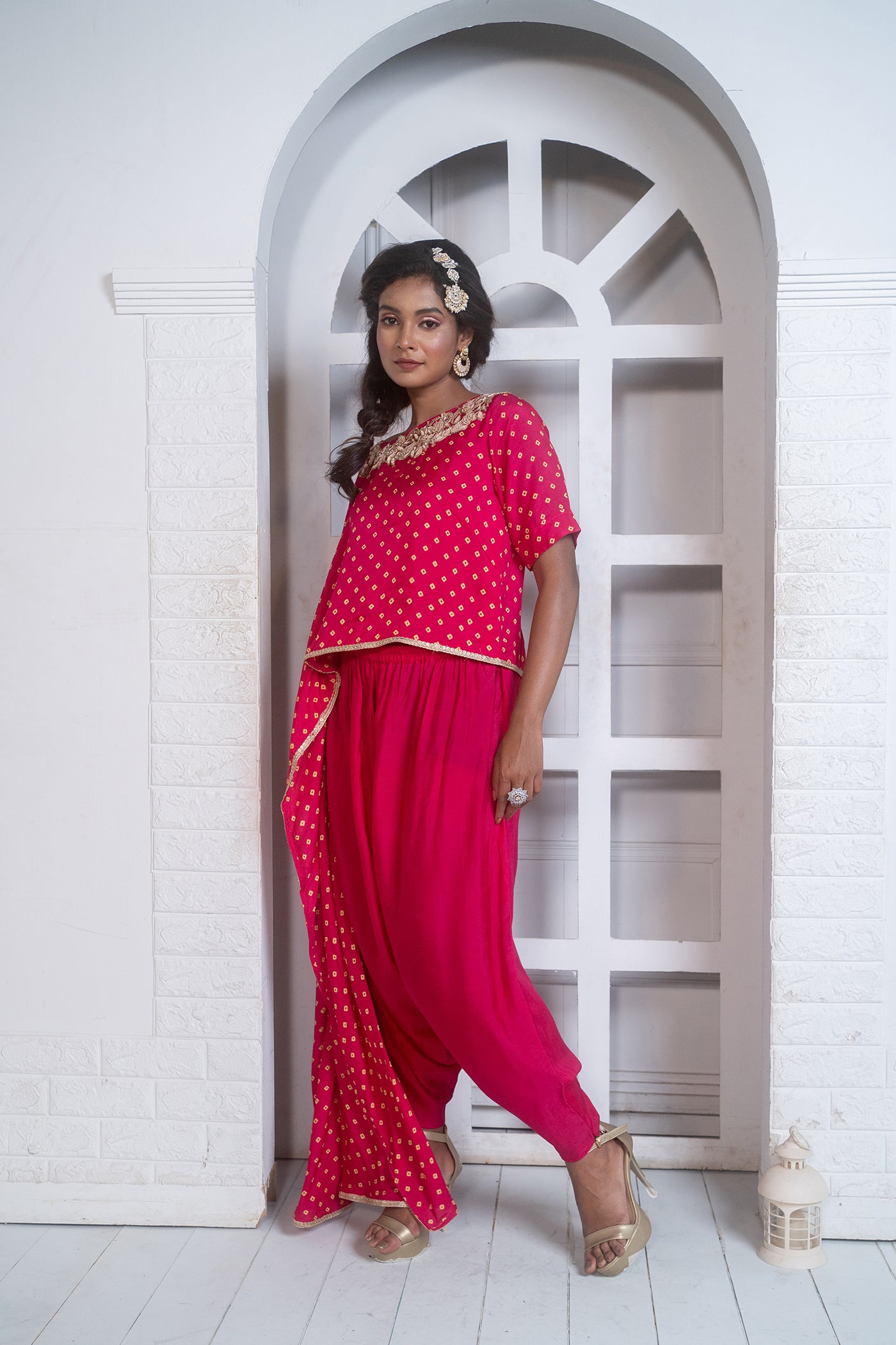 Pink Cape With Attached Inner And Harem Pant