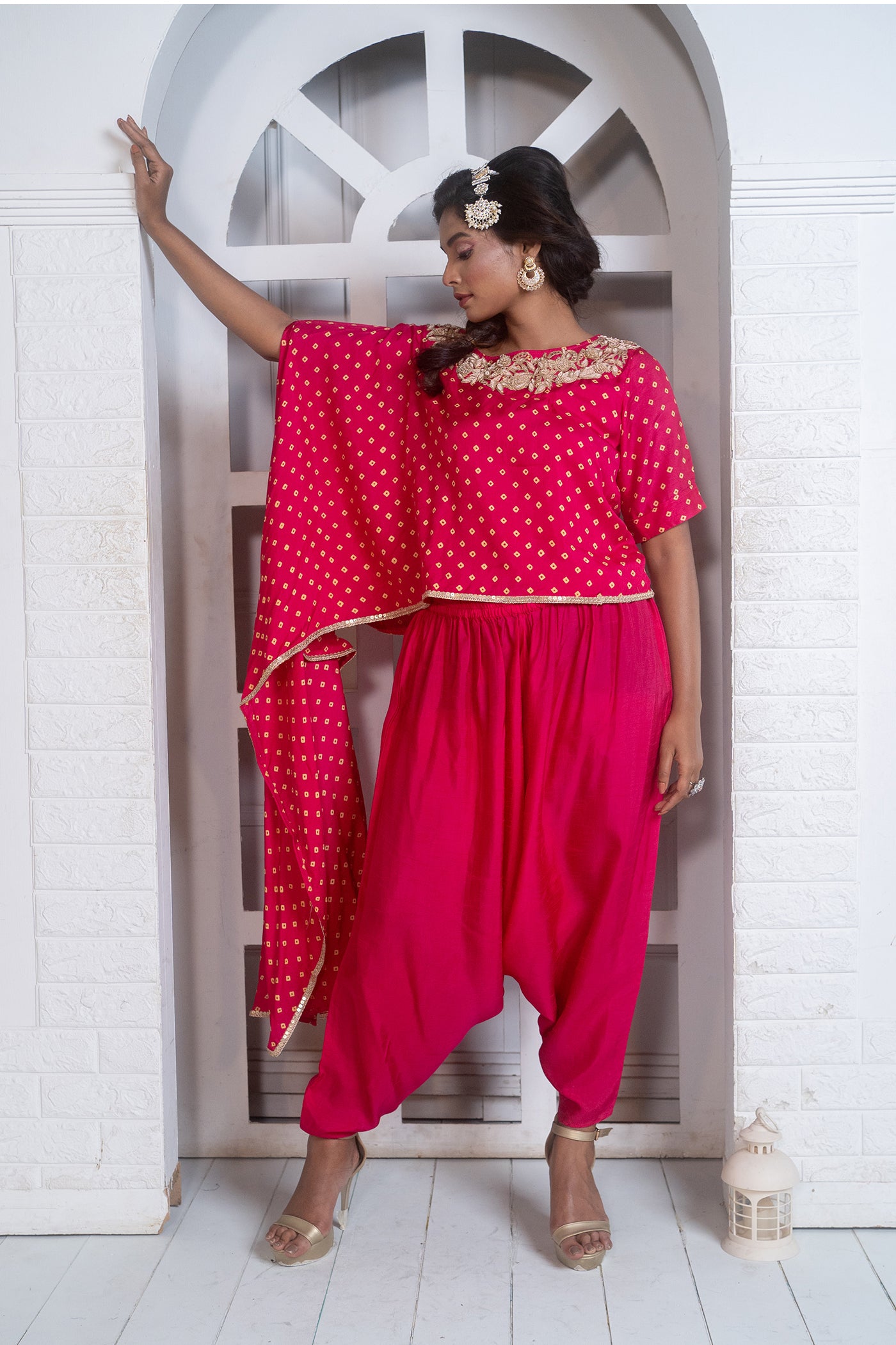 Pink Cape With Attached Inner And Harem Pant