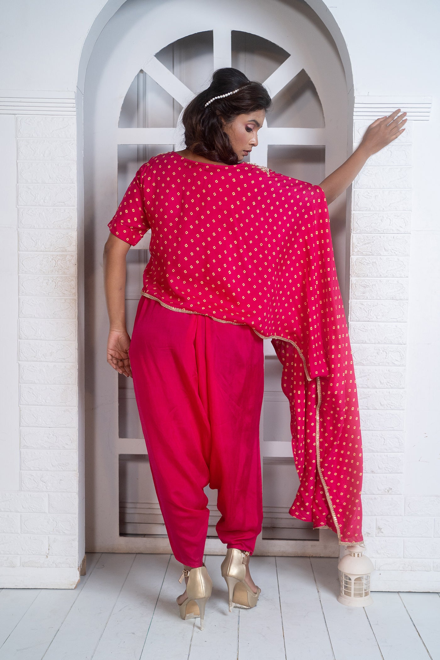 Pink Cape With Attached Inner And Harem Pant