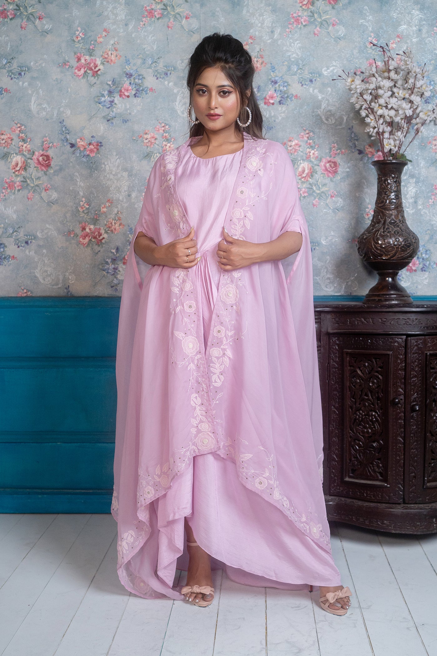 Drape Dress With Embroidered Cape