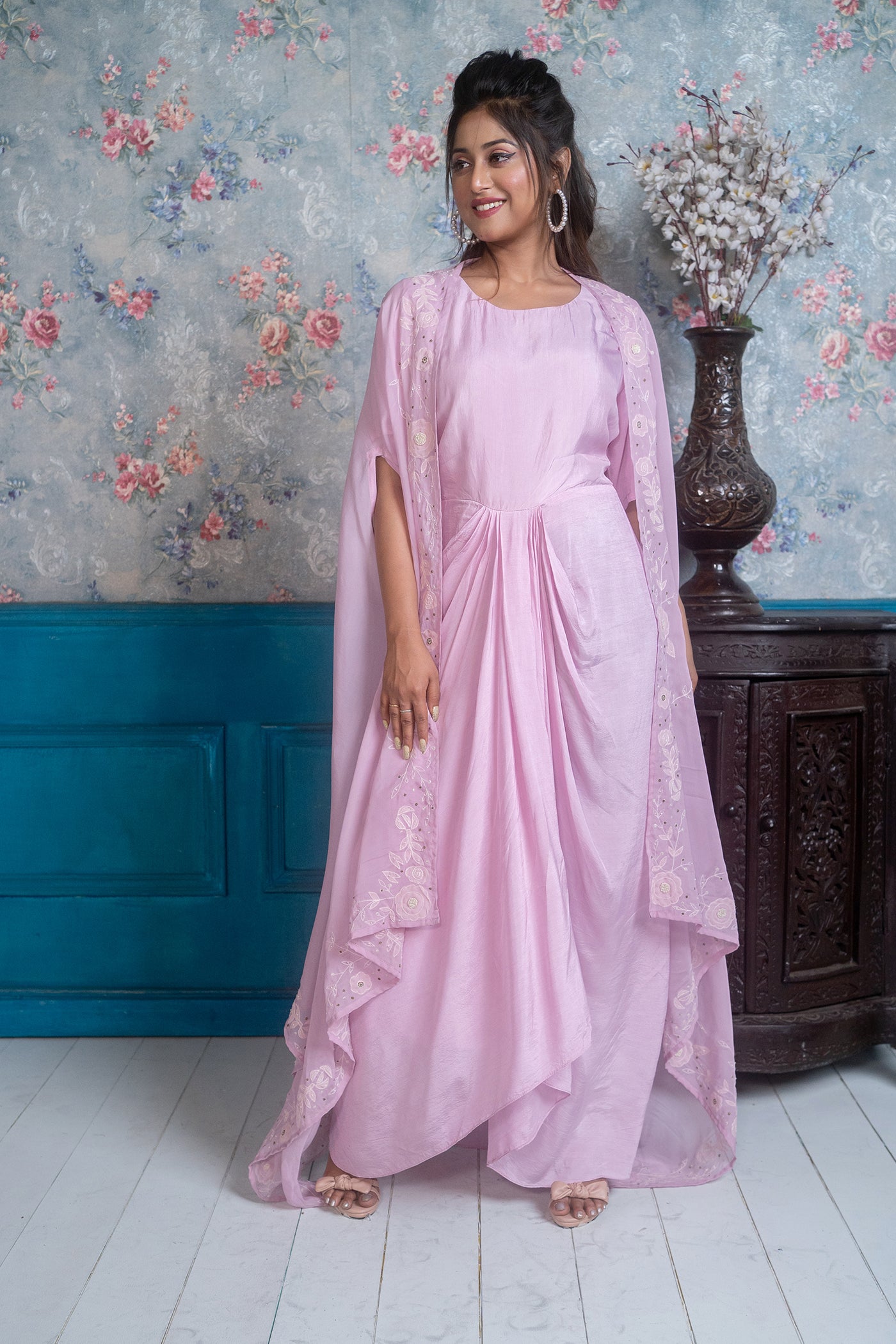 Drape Dress With Embroidered Cape