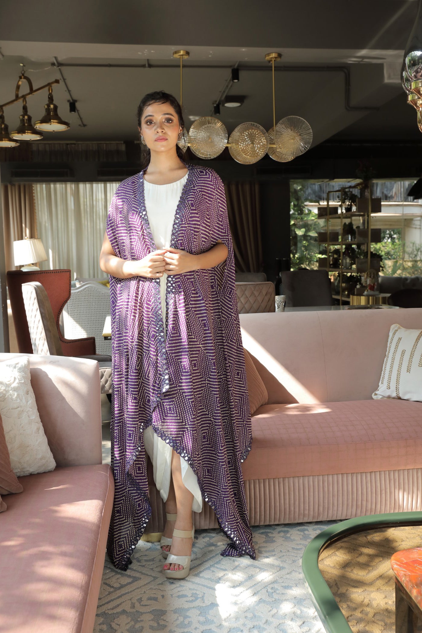 Drape Dress With Bandhej Print Cape