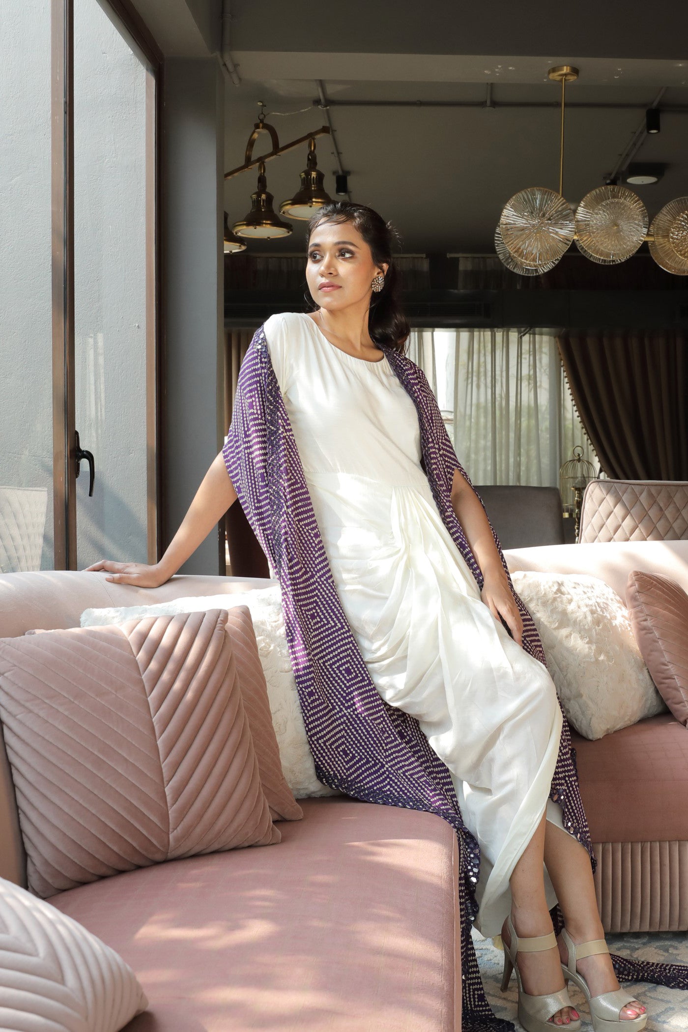 Drape Dress With Bandhej Print Cape